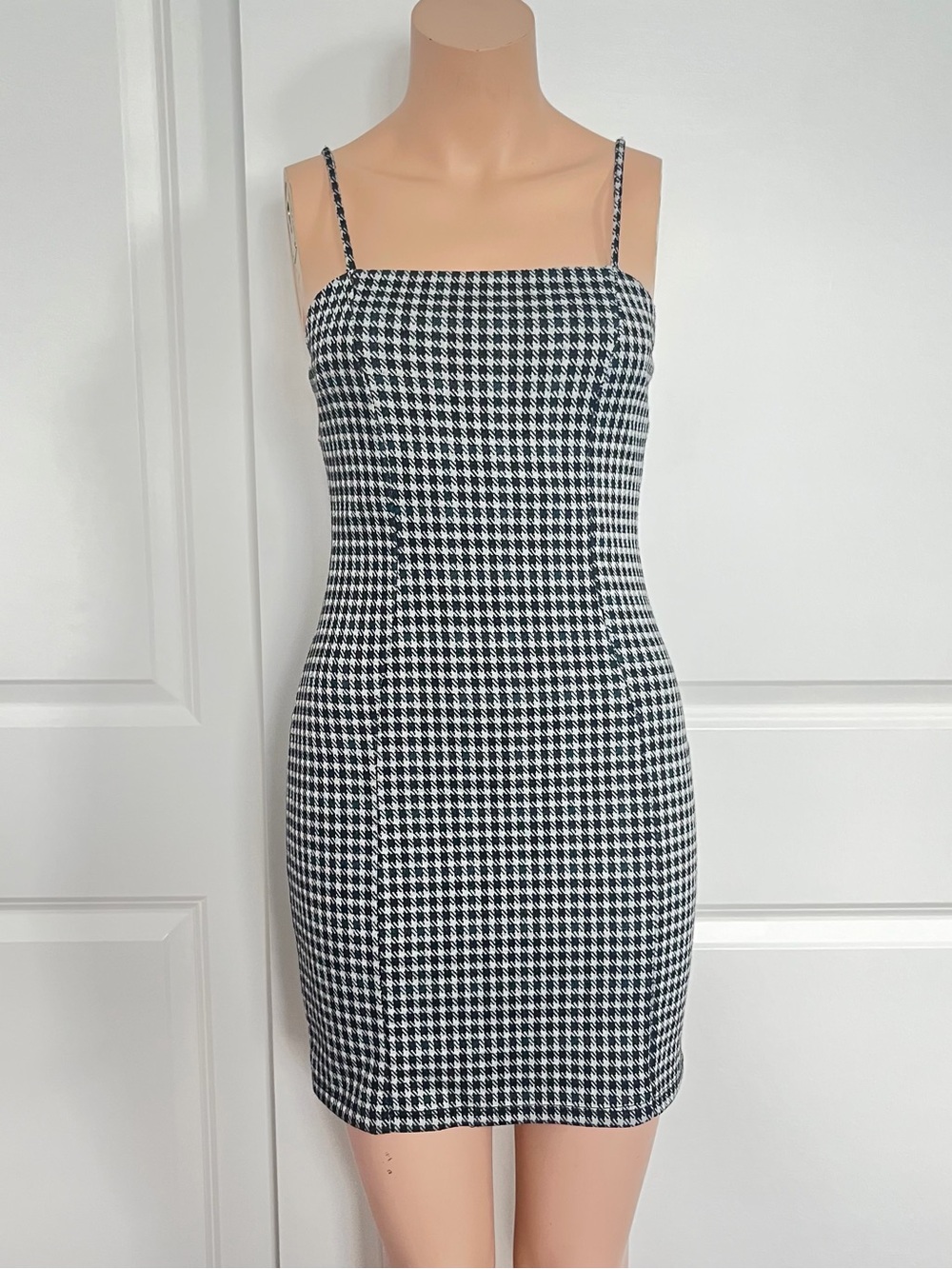 Vibe Black & White Houndstooth Spaghetti Strap Mini Dress